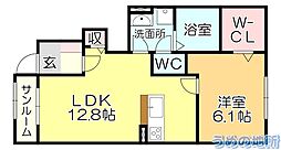リバーグランデII 1階1LDKの間取り