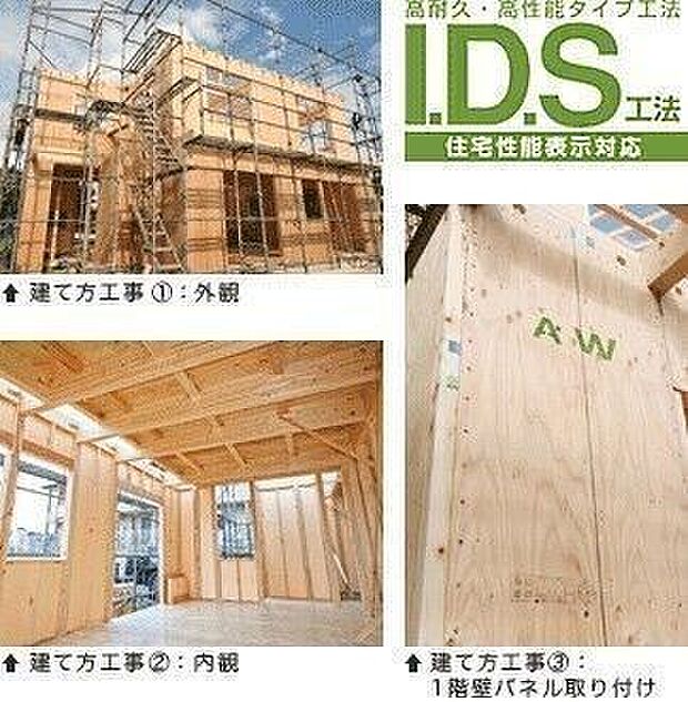 「木造軸組−パネル工法」。 木造軸組工法の設計自由度と構造用合板パネル工法の耐震性の高さをあわせもった工法です。外壁、1・2階床組、屋根を構造用合板で一体化させ、高い耐震性を実現させています。