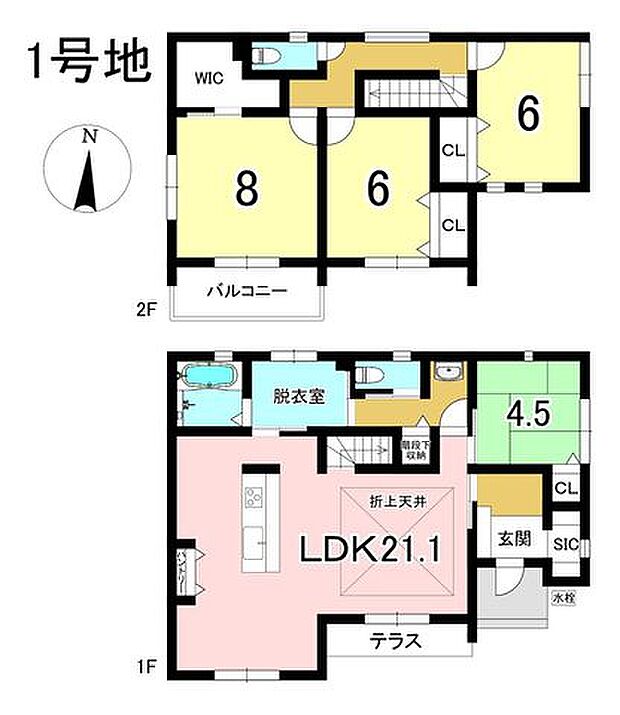 1号地　4LDK+S　土地面積214.57m2　建物面積115.09m2