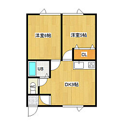 エレガントC 2階2DKの間取り