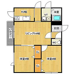 リバーサイドラピュタN 3階2LDKの間取り