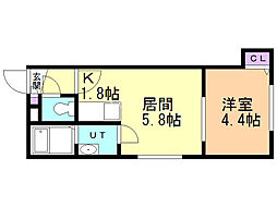 インヴェスト北8条 1DKの間取図画像