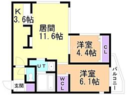 シンシア北8条 2LDKの間取図画像