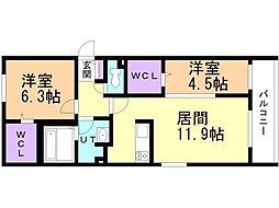 札幌市営東西線 南郷18丁目駅 徒歩10分の賃貸マンション 4階2LDKの間取り