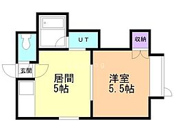 ビブレ月寒西2 2階1DKの間取り