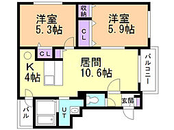アヴァンセ月寒東2ー20 2階2LDKの間取り