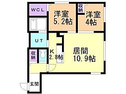 アルファスクエア学園前 3階2LDKの間取り