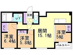 札幌市営東豊線 美園駅 徒歩8分の賃貸マンション 4階3LDKの間取り