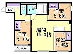 札幌市営東豊線 美園駅 徒歩8分の賃貸マンション 2階3LDKの間取り