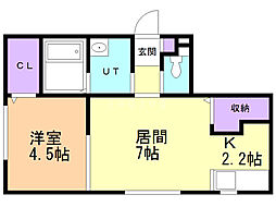 プラティーヌ月寒東 1階1LDKの間取り