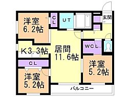 札幌市営東豊線 福住駅 徒歩11分の賃貸マンション 4階3LDKの間取り