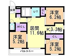 札幌市営東豊線 福住駅 徒歩11分の賃貸マンション 4階3LDKの間取り