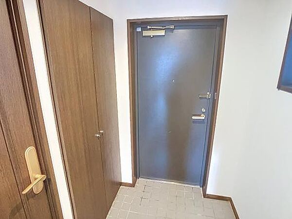 落ち着いた色合いの玄関ドア。隣には大容量のシューズボックスがあり、すっきりとした空間を保てます。