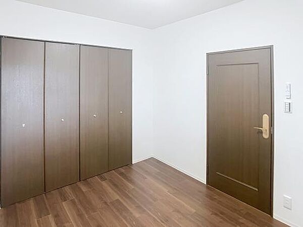 広々とした収納が魅力の洋室。落ち着いた色合いのドアとフローリングが、モダンな雰囲気です。