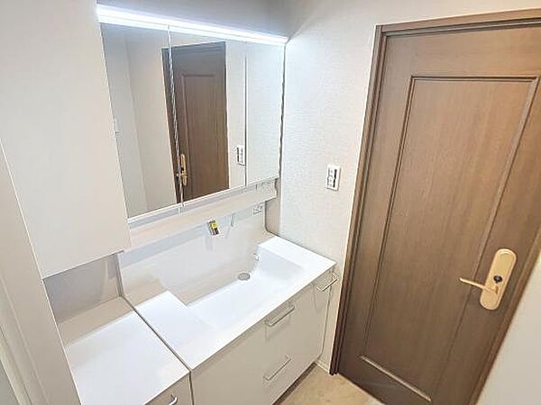 洗面台には着替えや化粧品などを置くスペースも。