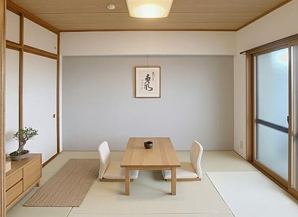 白茶色の畳にグレーのアクセントクロスが暖かみのある暮らしを実現します。