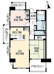 UR都市機構グリーンヒルズ六甲8号棟 2LDKの間取図画像