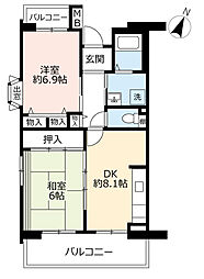 UR都市機構グリーンヒルズ御影4号棟 2DKの間取図画像