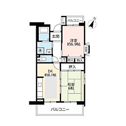 UR都市機構グリーンヒルズ御影4号棟 2DKの間取図画像