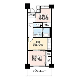 ハートフル湊川 2DKの間取図画像