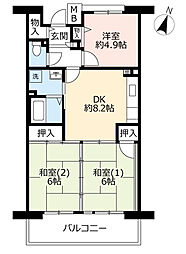 UR都市機構グリーンヒルズ御影7号棟 3DKの間取図画像