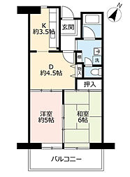 UR都市機構リバーサイドさぎす4号棟 2DKの間取図画像