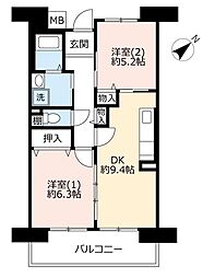UR都市機構パークタウン西武庫9号棟 2DKの間取図画像