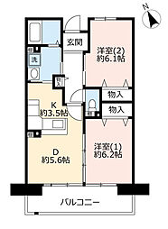 UR都市機構浜甲子園さくら街19号棟 2DKの間取図画像