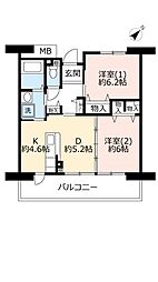 UR都市機構浜甲子園さくら街11号棟 2DKの間取図画像