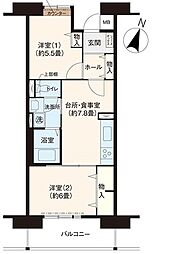 ルゼフィール金楽寺町1号棟 2DKの間取図画像