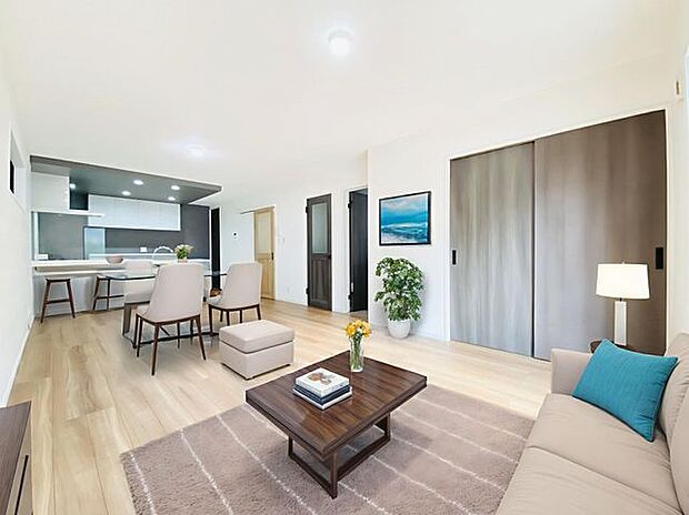 【家具設置イメージ画像】木目調のフローリングは温かみがあり、カウンターキッチンからお部屋の様子を見ながらお料理できますね