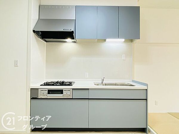 モダンなデザインのキッチンで、スタイリッシュな印象を与え、インテリアに調和します