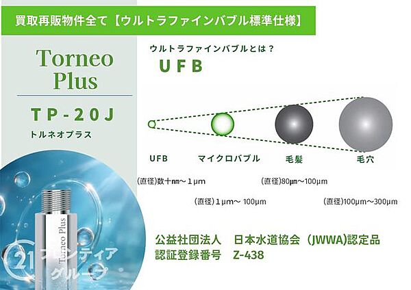 【ウルトラファインバブルとは】直径1μm未満の肉眼で見えない超微細な泡です。水中に数週間から数ヶ月留まり、汚れの隙間に入り込んで吸着・除去する高い洗浄力や保湿・保温効果を発揮します。