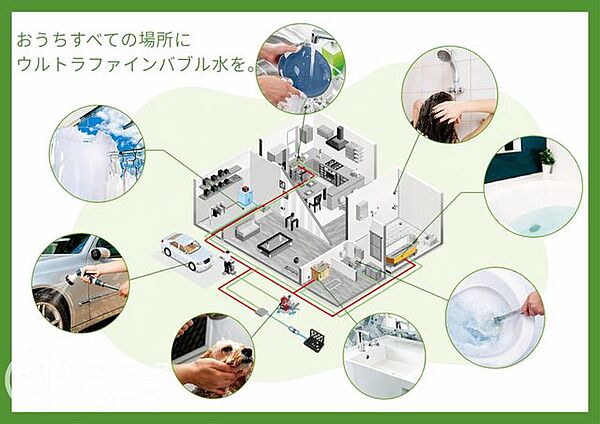 この物件の自慢は、家中まるごとウルトラファインバブル。蛇口をひねるだけで、目に見えない超微細な泡があなたの暮らしをサポートします。住むほどにメリットを実感できます。