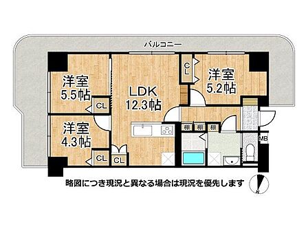 専有面積66.66m2の3LDK間取り図です。全居室に収納スペースを確保したゆとりあるレイアウト。陽当り・通風に優れた南向きの3方角住戸で、快適な暮らしを実現します。