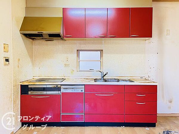 目を引く鮮やかなレッドカラーのキッチンは、毎日の料理時間を華やかに演出します。使い勝手の良いシステムキッチンで、広々としたシンクやコンロ周りなど、家事のしやすさに配慮した設計が魅力です