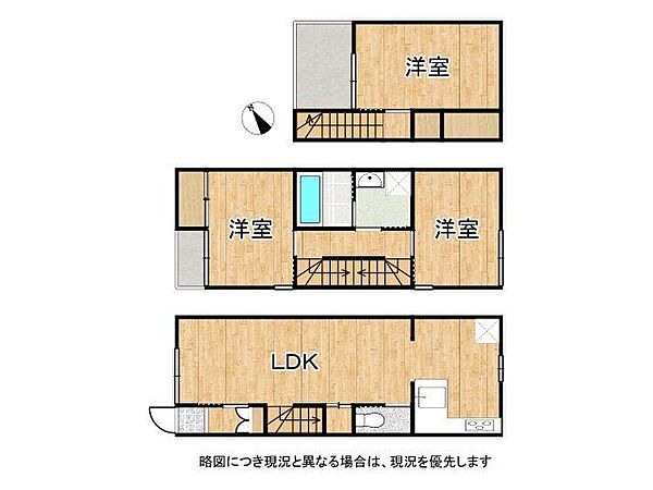 1階にLDK、2・3階に洋室を配置した3LDK。生活空間と居室をフロアで分け、家族それぞれの時間も大切にできる間取りです。