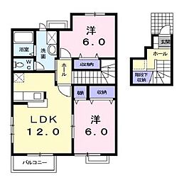 JR福塩線 高木駅 徒歩8分の賃貸アパート 2階2LDKの間取り