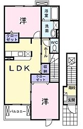 JR福塩線 万能倉駅 3.6kmの賃貸アパート 2階2LDKの間取り