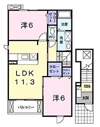 JR福塩線 備後本庄駅 徒歩23分の賃貸アパート 2階2LDKの間取り