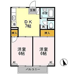 JR福塩線 府中駅 徒歩10分の賃貸アパート 2階2DKの間取り