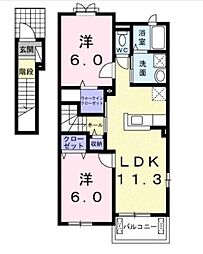 JR山陽本線 松永駅 12.4kmの賃貸アパート 2階2LDKの間取り