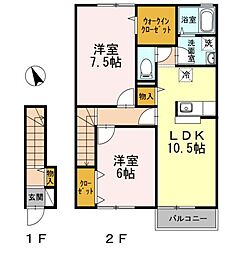 JR山陽本線 福山駅 5.2kmの賃貸アパート 2階2LDKの間取り