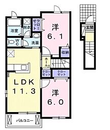 井原鉄道 御領駅 徒歩19分の賃貸アパート 2階2LDKの間取り
