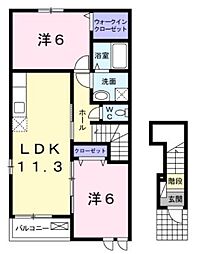 JR福塩線 道上駅 徒歩16分の賃貸アパート 2階2LDKの間取り