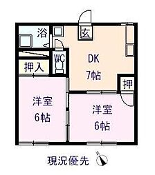 JR山陽本線 松永駅 徒歩20分の賃貸アパート 1階2DKの間取り