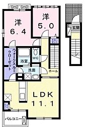 JR山陽本線 東福山駅 3.5kmの賃貸アパート 2階2LDKの間取り
