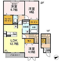 JR山陽本線 東福山駅 4.7kmの賃貸アパート 2階3LDKの間取り