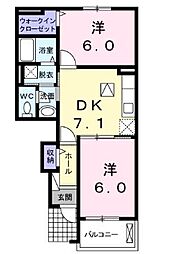 JR山陽本線 備後赤坂駅 徒歩27分の賃貸アパート 1階2DKの間取り