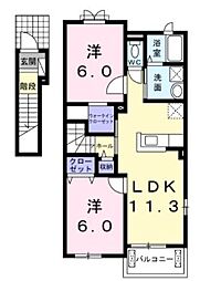井原鉄道 湯野駅 徒歩10分の賃貸アパート 2階2LDKの間取り